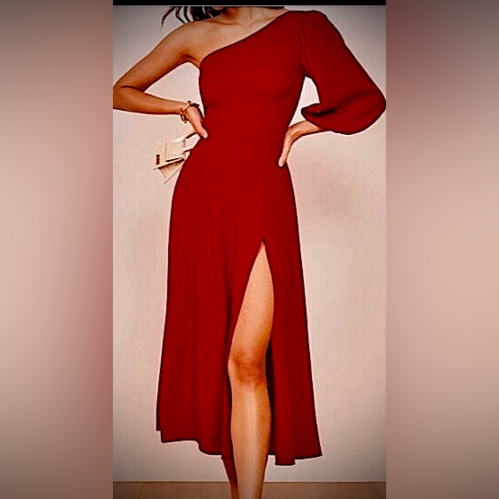 Reformation Lawrence Midi Dress one shoulder Revealing Leg Slit in Red size 0